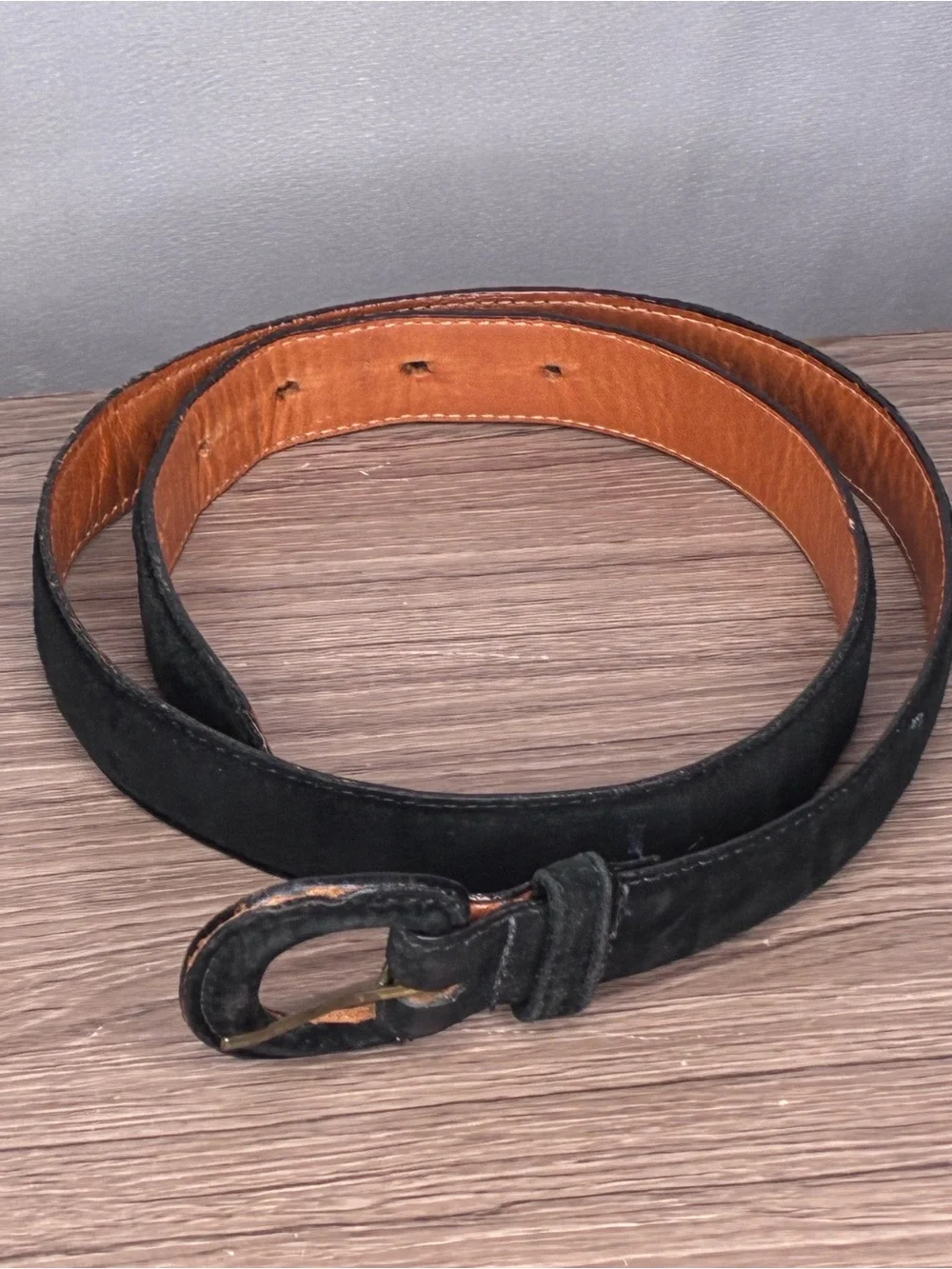 Vintage Black Suede & Leather Women's Belt with Gold Buckle